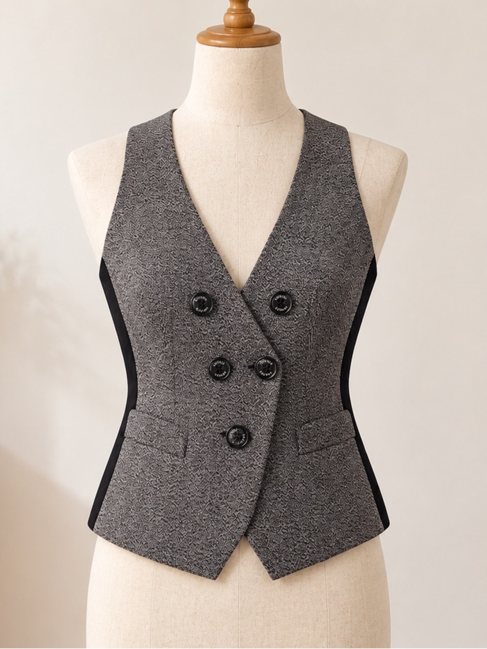 Express Gray Textured Double-Breasted Vest with Black Side Panels